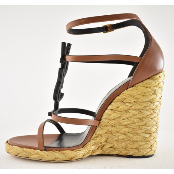 Saint Laurent YSL Logo Cassandra 105 Ankle Strap Espadrille Wedge Sandal Heel 41 - Picture 13 of 16